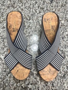Montego Bay Club Navy & White Striped Crisscross Cork Wedge Sandals Size 7.5